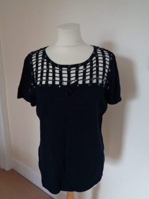 LEO GUY NAVY BLUE JUMPER WITH LATTICE EFFECT JEWELLED NECK