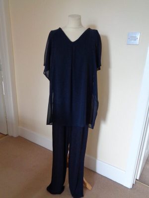 RIANI NAVY BLUE JUMPSUIT WITH CHIFFON OVER LAYER - SIZE 14