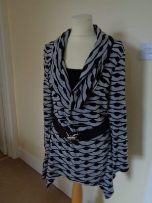 FRANK LYMAN BLACK AND GREY COWL NECK BELTED TUNIC