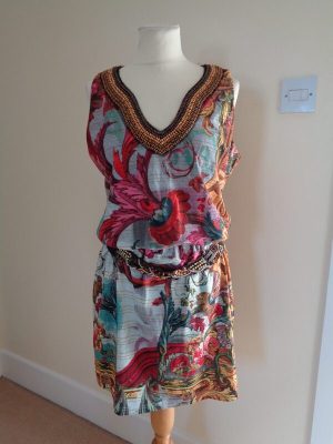 DESIGUAL MULTI PRINT DRESS WITH WOODEN BEADED NECK AND DECORATIVE BELT