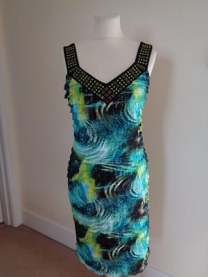FRANK LYMAN GREEN AND BLUE MULTI COLOURED DRESS WITH BEAD DETAIL
