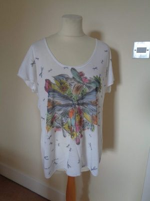ARMANI JEANS WHITE T-SHIRT WITH ABSTRACT PASTEL DRAGON FLY PRINT