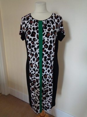 MARC CAIN BLACK AND WHITE ANIMAL PRINT DRESS WITH GREEN BAND