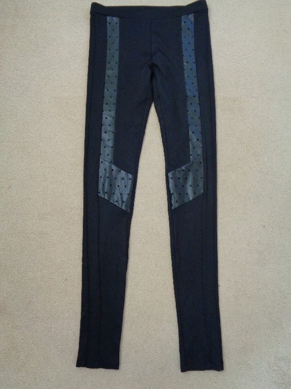 JUST CAVALLI BLACK LEGGINGS WITH HOLEY FAUX LEATHER DETAIL – SIZE 10