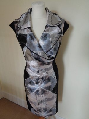 JOSEPH RIBKOFF BLACK AND SILVER DRESS WITH STATEMENT WIRED COLLAR