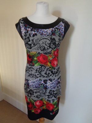 DESIGUAL BLACK AND WHITE FLORAL PRINT LACE EFFECT DRESS