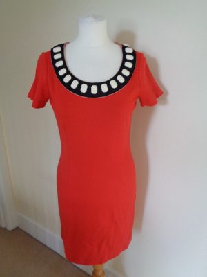 LOVE MOSCHINO RED DRESS WITH BLACK TRIM AND LARGE CREAM BEAD DETAIL