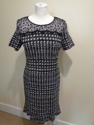 MARC CAIN BLACK AND WHITE KNITTED CHECK DRESS WITH LACE TRIM DETAIL