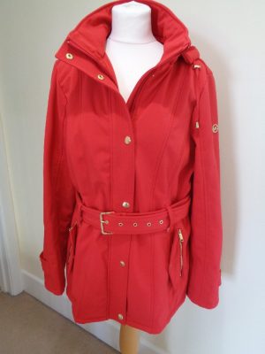 MICHAEL KORS RED BELTED COAT WITH DETACHABLE HOOD