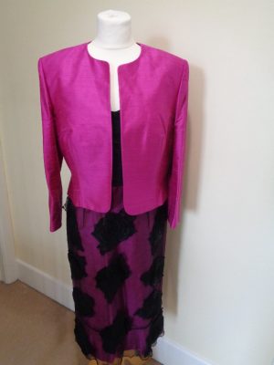 CONDICI BRAND NEW HOT PINK SILK DRESS SUIT WITH BLACK NET OVERLAY