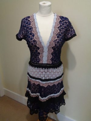 FOREVER UNIQUE NAVY, WHITE, PINK AND BLACK LACE DRESS WITH PINK UNDERLAY