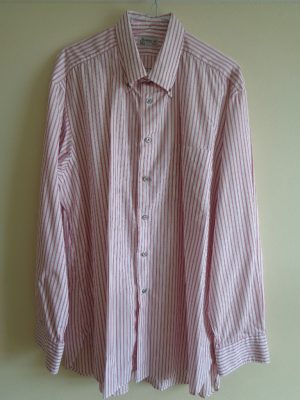 ROBERT OLD MEN'S RED AND WHITE PINSTRIPE COTTON SHIRT
