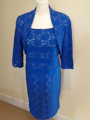 GINA BACCONI BLUE LACE DRESS SUIT WITH WHITE UNDERLAY