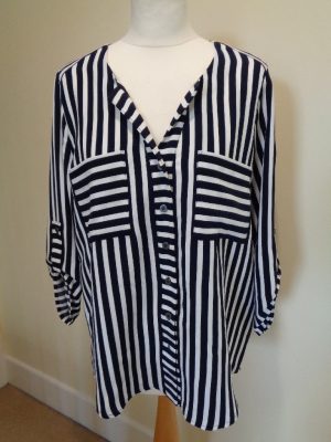 JOSEPH RIBKOFF BRAND NEW BLUE AND WHITE STRIPE BLOUSE WITH GOLD THREAD