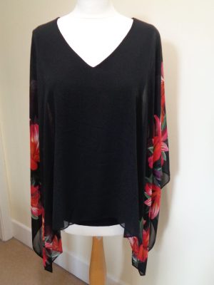 JOSEPH RIBKOFF BRAND NEW BLACK TUNIC WITH RED FLORAL SLEEVES