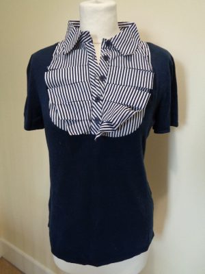 LEO GUY BLUE SHORT SLEEVE JUMPER WITH BLUE AND WHITE STRIPED BLOUSE EFFECT