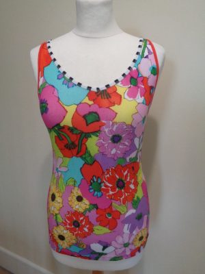 MARC CAIN BRIGHT FLORAL PRINT VEST TOP WITH STRIPED BACK
