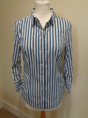 MARC CAIN BLUE AND WHITE STRIPE BLOUSE WITH THREE QUARTER LENGTH SLEEVES