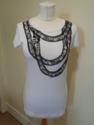 MARC CAIN WHITE CAP SLEEVE TOP WITH SILK & BEAD NECKLACE EFFECT