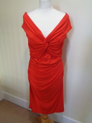 BARBARA SCHWARZER RED OFF THE SHOULDER DRESS WITH KNOT DETAIL