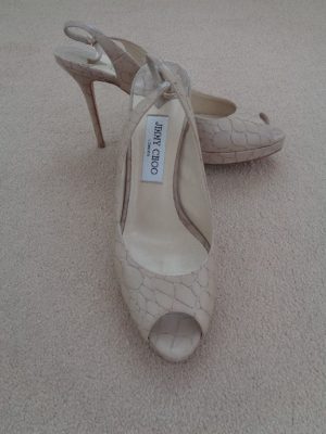 JIMMY CHOO NUDE STAMPED MOCK CROC PEEP TOE STRAPPY HIGH HEEL SHOES – SIZE 7.5
