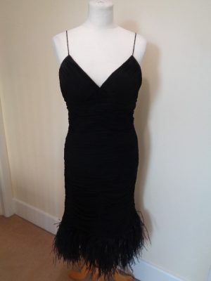 SHERRI HILL BLACK RUCHED SILK COCKTAIL DRESS WITH FEATHER TRIM DETAIL