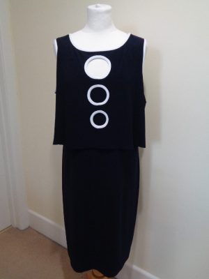 JOSEPH RIBKOFF BRAND NEW NAVY BLUE AND WHITE DRESS WITH CIRCLE CUT OUTS