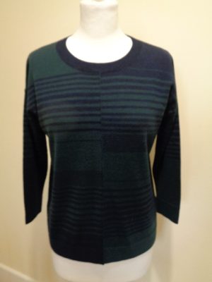 HOBBS GREEN AND BLUE MERINO WOOL JUMPER WITH THREE QUARTER LENGTH SLEEVES