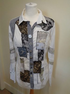 ELISA CAVALETTI WHITE SHIRT WITH MULTI FABRIC DETAIL AND CLOCK FACE BUTTONS