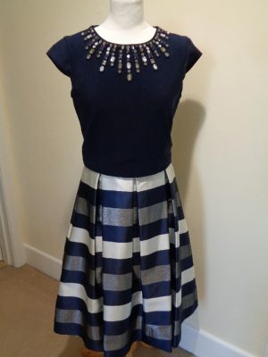 FRANK LYMAN BLUE AND SILVER TOP AND SKIRT WITH DIAMANTE DETAIL