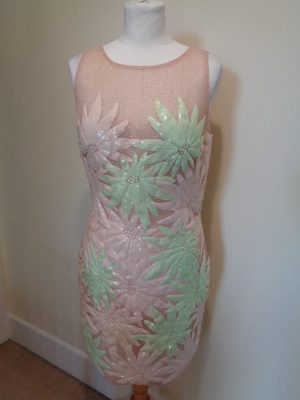 FOREVER UNIQUE PINK NET DRESS WITH PINK AND GREEN EMBROIDERED FLOWERS