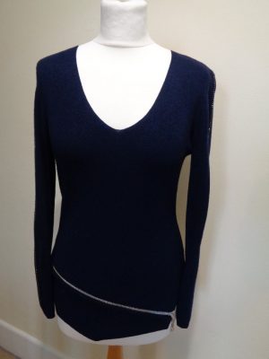 PASSIONI NAVY BLUE V NECK JUMPER WITH DIAMANTE AND ZIP DETAIL