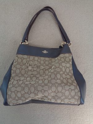 COACH 'LEXY' BROWN LEATHER AND LOGO FABRIC TWO HANDLE HANDBAG
