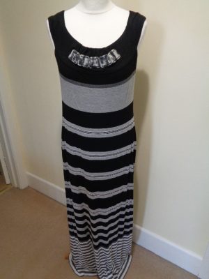 SAVE THE QUEEN BLACK AND GREY STRIPED SLEEVELESS MAXI DRESS WITH BEAD DETAIL
