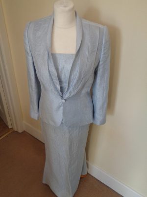 FRANK USHER LIGHT BLUE THREE PIECE LONG SKIRT SUIT WITH BEAD DETAIL