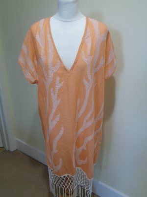 HAVEN ORANGE COTTON KAFTAN WITH WHITE EMBROIDERY AND TASSELS