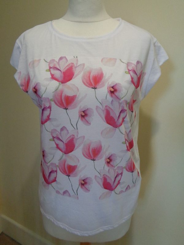 ARMANI JEANS WHITE CAP SLEEVE T-SHIRT WITH PINK FLORAL PRINT