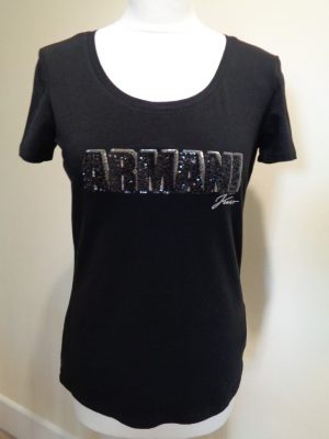 ARMANI BLACK SHORT SLEEVE T-SHIRT WITH SILVER AND BLACK SEQUIN LOGO DETAIL