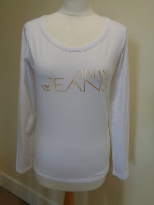 ARMANI JEANS WHITE LONG SLEEVE T-SHIRT WITH GOLD LOGO PRINT