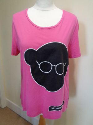 EMPORIO ARMANI HOT PINK T-SHIRT WITH BLACK AND WHITE FACE PRINT DETAIL