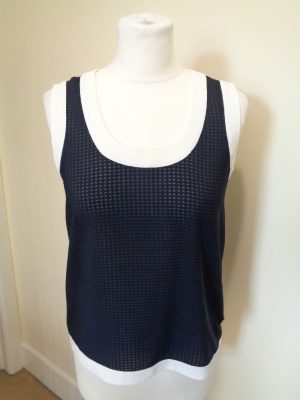 ARMANI JEANS NAVY BLUE AND CREAM SELF CHECK PATTERN SLEEVELESS TOP