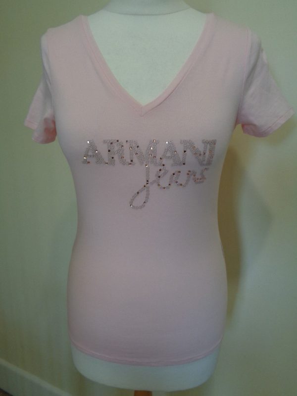 ARMANI JEANS PALE PINK V NECK T-SHIRT WITH BEAD AND SEQUIN DETAIL