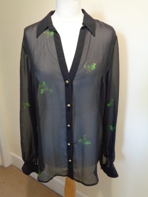 ROBERTO CAVALLI BLACK SHEER BLOUSE WITH CLOVER LEAF AND LEOPARD PRINT DETAIL
