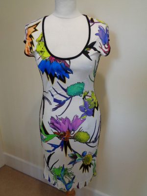 JUST CAVALLI WHITE AND MULTI FLORAL PRINT CAP SLEEVE DRESS
