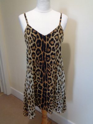 MOSCHINO COUTURE BEIGE AND BROWN ANIMAL PRINT SILK SLIP DRESS