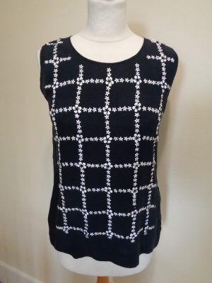 MARC CAIN NAVY BLUE SILK TOP WITH WHITE BEAD FLOWER DETAIL