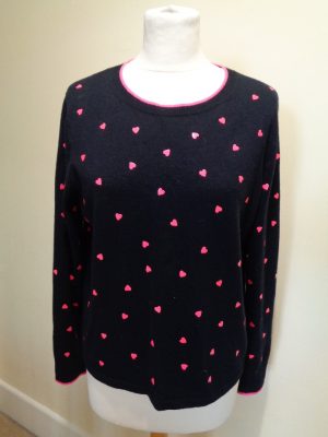MARC CAIN NAVY BLUE WOOL MIX JUMPER WITH HOT PINK HEART DETAIL