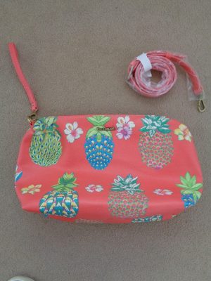 DESIGUAL CORAL AND MULTI PINEAPPLE PRINT WRISTLET BAG WITH SHOULDER STRAP