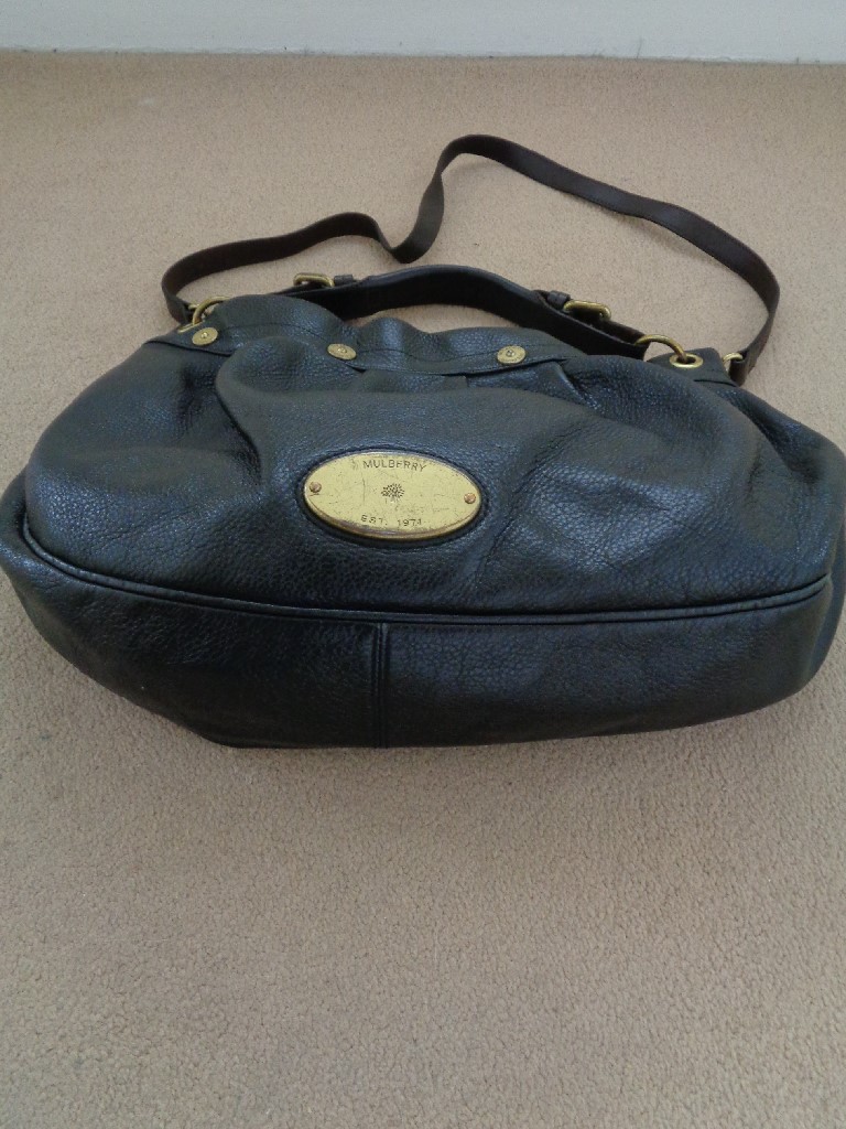 MULBERRY MITZY HOBO EAST WEST BLACK LEATHER BAG WITH BROWN LEATHER STRAPS
