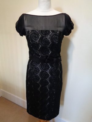 KAREN MILLEN BLACK LACE DRESS WITH SHEER SHOULDERS AND BOW DETAIL